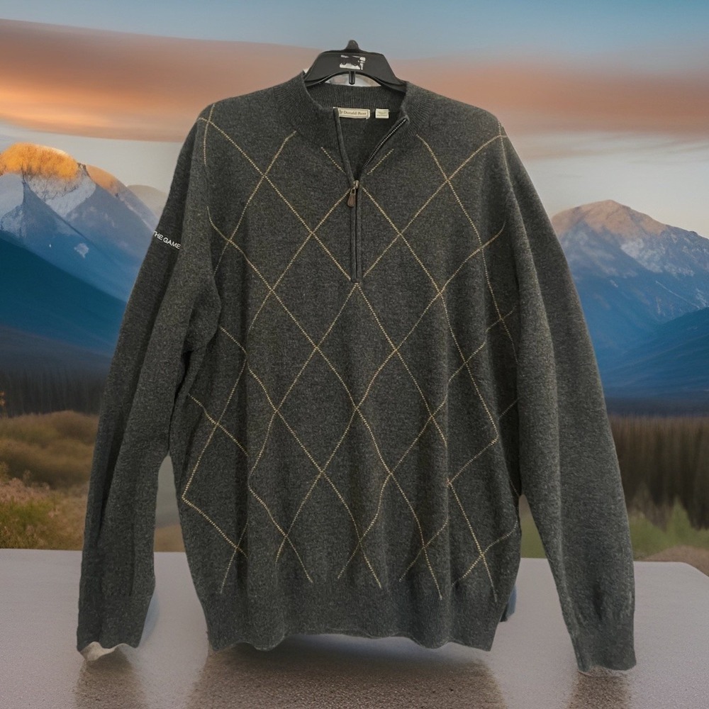 READ Donald Ross Sweater Mens XL Gray Argyle 1/4 Zip Mock Neck‎ Lambswool Golf